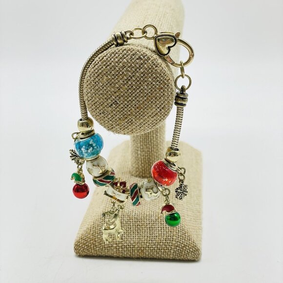 Christmas Charm Bracelet Reindeer Snowflakes Jingle Bells Red Green Enamel Beads - Picture 1 of 9